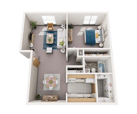 A top-down view of a small apartment with a kitchen, living room, and bathroom.
